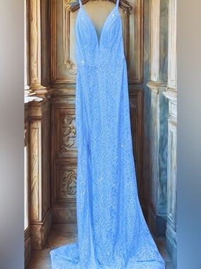 Vienna Prom Light Blue Lace Spaghetti Strap Evening Gown